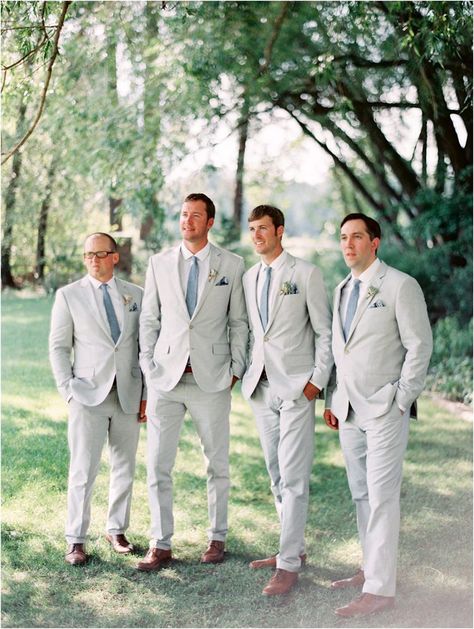 Groomsmen Attire April Wedding, Wedding Suits Groom Light Blue, Ivory Blue Wedding, Estate Style Wedding, Summer Wedding Astethic, Mens Light Blue Suit Wedding, Pale Blue Groomsmen Suits, Dusty Blue Bridesmaid Dresses And Tan Suits, Dusty Blue Destination Wedding