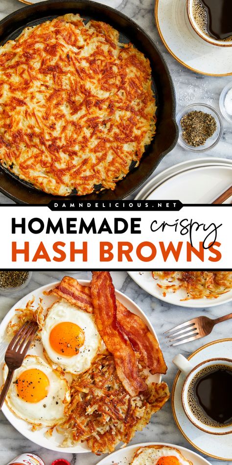 An easy brunch recipe with shredded potatoes! Everyone will love these Homemade Crispy Hash Brown Potatoes. They come out perfect every single time. Pin this simple breakfast idea for later! Homemade Hash Browns, Homemade Hashbrowns, Crispy Hashbrowns, Shredded Potatoes, Hashbrown Recipes, Potato Recipe, Breakfast Idea, Hash Browns, Easy Weeknight Meals