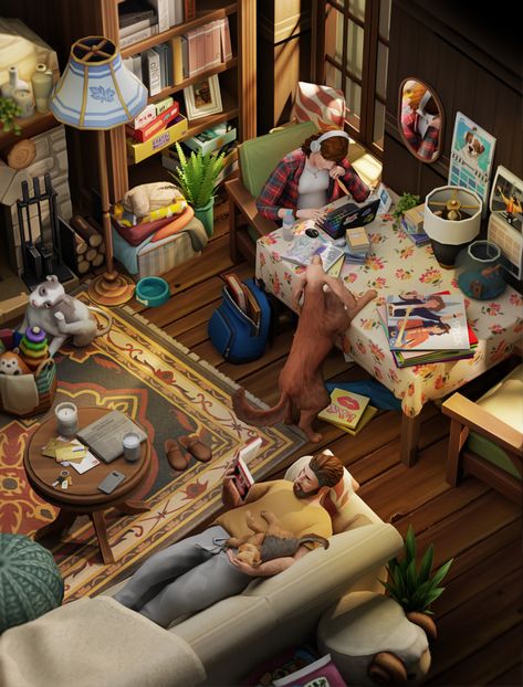 buglaur on Tumblr Sims Reading Nook, Sims 4 Cluttered House, Sims Freeplay Apartment Ideas, Sims 4 Household Ideas, Sims 4 Render, Sims 4 Small Apartment, Sims 4 Ideas Rooms, Sims House Interior, Sims 4 House Interior