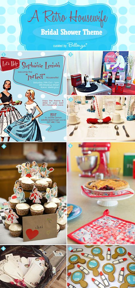 Let's go retro with cute 1950s housewife bridal shower theme! #retrobridalshowers #housewifebridalshowers Retro Housewife Bridal Shower Ideas, 50's Theme Bridal Shower Ideas, 1950s Bridal Shower Theme, Diy 1950s Decorations, 50s Bridal Shower Ideas, Elvis Bridal Shower Ideas, 1950 Party Decorations, Retro Bridal Shower Ideas, 50s Themed Wedding