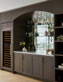 River North Condo Renovation - Transitional - Home Bar - Chicago - by Devon Grace Interiors | Houzz Transitional Bar Design, Wine Bar In Living Room, Built In Shelves Bar, Dark Wet Bar Ideas, Walnut Wet Bar, Arched Bar Area, Built In Bar With Arch, Home Built In Bar, Wet Bar With Mirror