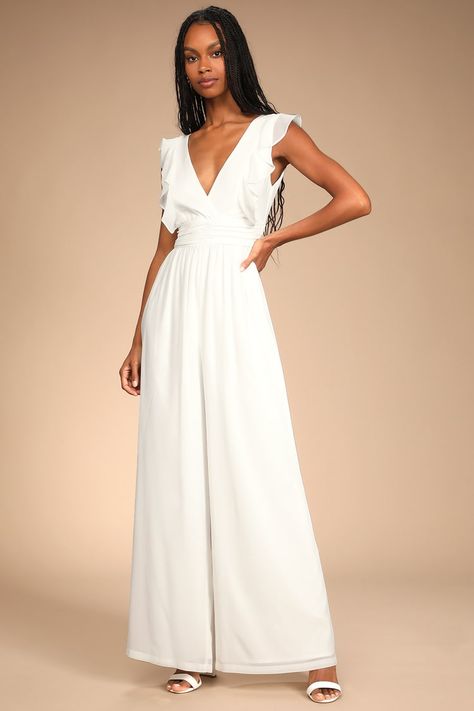 White Jumpsuit Formal, Flowy Wide Leg Pants, Yacht Rock, Flowy Jumpsuit, Ruffle Jumpsuit, Two Piece Jumpsuit, Wedding Reception Dress, Lulu Fashion, Formal Jumpsuit