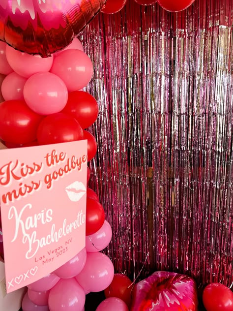 Red Bachelorette Party Decorations, Red And Pink Bachelorette Party, Kiss The Miss Goodbye Bachelorette Decor, Pink Vegas Wedding, Pink Hen Do, Red And Pink Party Decorations, Pink And Red Bachelorette Party, Red And Pink Bachelorette, Red Bachelorette Party