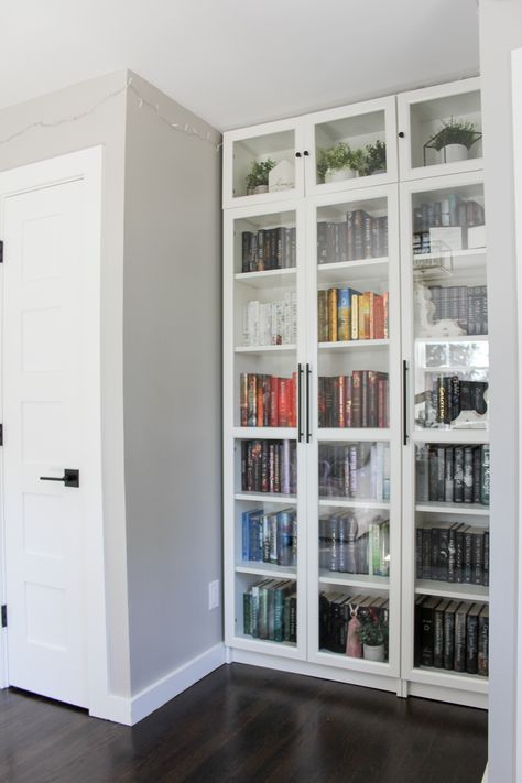 Book Shelf With Glass Door Ideas, Home Library With Glass Doors, White Billy Bookcase With Black Doors, Library With Glass Doors, Built In Bookshelves With Glass Doors, Bookshelf Glass Doors, Ikea Billy Bookcase With Doors, Glass Door Bookshelf, Billy Bookcase With Glass Doors