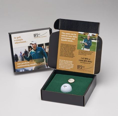 Golf Marketing Ideas, Golf Package Design, Golf Packaging, Box Design Creative, Golf Marketing, Bmw Golf, Toyota Showroom, Ball Packaging, Sponsorship Package