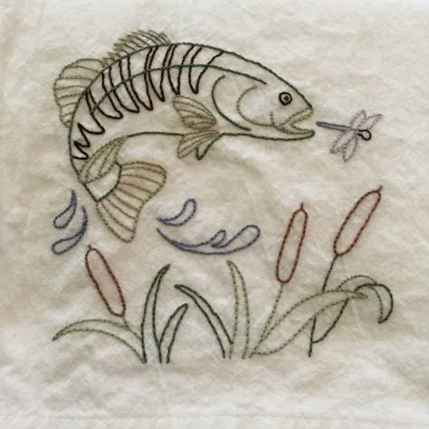 Fishing Embroidery Designs, Trout Embroidery, Fish Hand Embroidery, Fish Embroidery Pattern, Fish Embroidery Designs, Fishing Quilt, Fishing Embroidery, Embroidery Fish, Tea Towels Embroidery