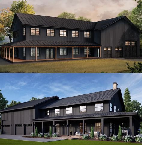 Explore 15 stunning black barndominium ideas that challenge traditional home design norms. These bold, innovative black homes combining barn charm with modern style might just inspire you to rethink your own living spaces. Wood And Corrugated Metal Wall, Black Homes, Traditional Home Design, Black Modern Farmhouse, Black Barndominium Ideas, Black Barndominium, Steel Building Homes, Barn House Design, Barn Style House Plans