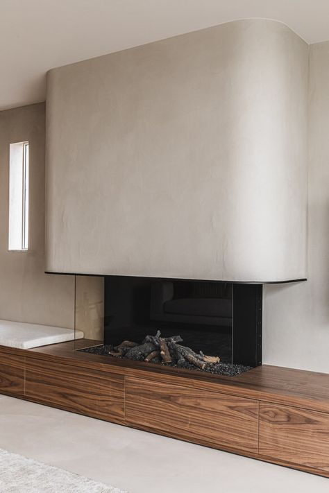 Curved Fireplace, Fireplace Modern Design, Concrete Fireplace, Living Room Design Inspiration, Curved Walls, Corner Fireplace, Modern Fireplace, Fireplace Design, Living Room Inspo