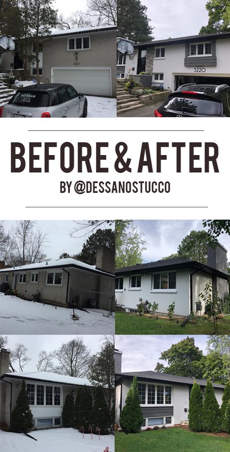 Check out pictures of the before and after photos of this Ontario home we transformed. EIFS by Dessano Stucco. Stucco Before And After, Eifs Exterior Home, Stucco Exterior Colors, Exterior Stucco, Amazing Showers, Villa Style, Frameless Shower Enclosures, Stucco Homes, Makeover Before And After