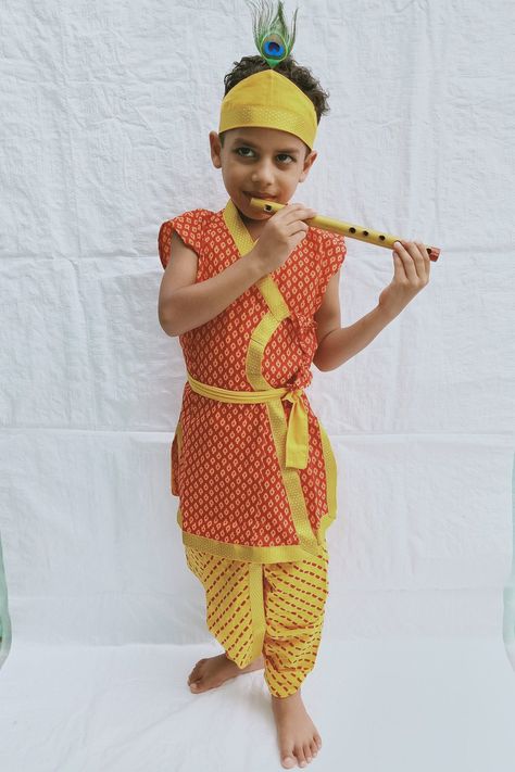 Kids Krishna Dress Indian Ethnic Saffron Dhoti Kurta Crown,Waistband flute. ( Dress for Janmashtami Function ) Kids Kurta Pajama, Krishna Dress, Kids Indian Wear, Rajasthani Dress, Kids Ethnic Wear, Dress Traditional, Dress Indian, Ethnic Dress, Royal Blue Dresses