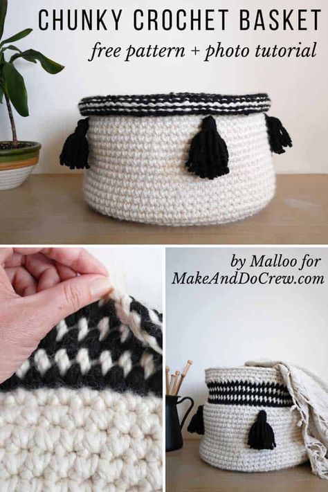 Basket Crochet Pattern Free, Crochet Basket Free Pattern, Easy Crochet Basket, Easy Crochet Basket Pattern, Crochet Basket Tutorial, Basket Crochet Pattern, Modern Haken, Craft Hobbies, Make And Do Crew