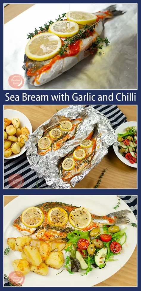 The best step by step recipe guide to prepare a whole Sea Bream / Sea Bass with Garlic, Chilli Lemon and Rosemary perfectly baked in a foil packet in the oven for dinner. It is a super easy recipe, that gives you a Mediterranean feel. So tasty you will ask yourself why you never tried cooking it at home before! Honey Garlic Chicken Wings, Sea Bream, Foil Packet, Best Seafood Recipes, Fish Recipes Healthy, Spicy Pork, Healthy Fish, Honey Garlic Chicken, Super Easy Recipes