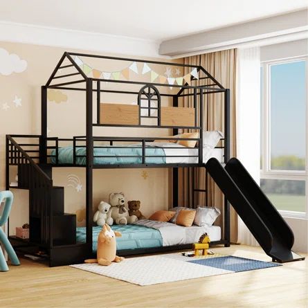 Harper Orchard Halstein Twin over Twin Standard Bunk Bed | Wayfair Bunk Bed Metal, Trundle Bed With Storage, Low Bunk Beds, House Bunk Bed, Bunk Bed With Slide, Bed Metal, Metal Bunk Bed, Bunk Beds With Stairs, Bunk Beds With Storage