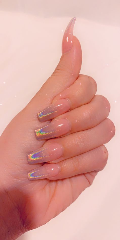 Bougie Nails Acrylic Coffin, Holographic Nails With Design, Acrylic Chrome Nail Designs, Aesthetic Ombre Nails, Holographic Coffin Acrylic Nails, Nail Ideas Ombre Natural, Acrylic Ombré Nails, Ombre Holo Nails, Colored Ombre Nails Acrylic