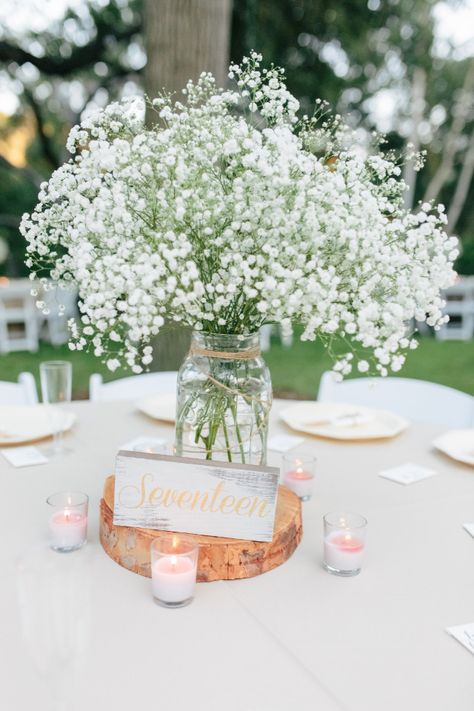 Mason Jar Baby Breath Centerpiece, Simple Baby Breath Centerpiece, Baby’s Breath Wedding Centerpiece, Babies Breath Centerpiece Round Table, Babies Breath Wedding Centerpieces, Baby Breath Centerpiece, Wood Centerpieces Wedding, Wood Centerpiece, Beach Wedding Centerpieces