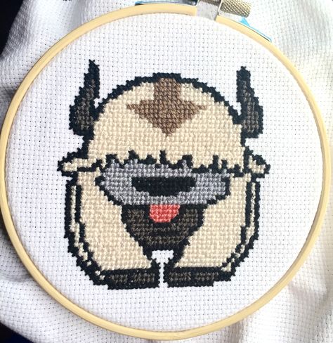 My first cross stitch! Appa from Avatar the Last Airbender ATLA Avatar Cross Stitch Pattern, Appa Cross Stitch, Avatar The Last Airbender Cross Stitch Patterns, Geek Cross Stitch Patterns, Atla Embroidery, Avatar The Last Airbender Diy, Fun Cross Stitch Patterns, Avatar Cross Stitch, Naruto Cross Stitch