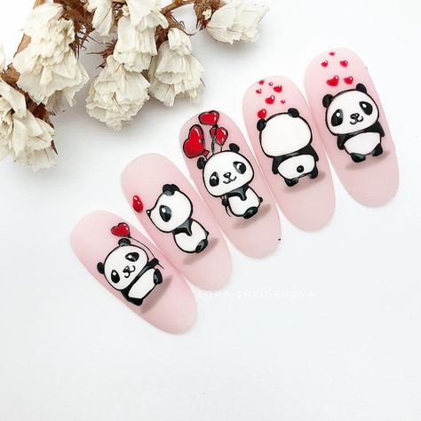 Cute Panda Nail Art, Cartoon Nail Art Designs, Panda Nails, Panda Nail Art, Nail Art Fleur, Cartoon Nail Designs, Cartoon Nail Art, Animal Nail Art, Valentine Nail Art