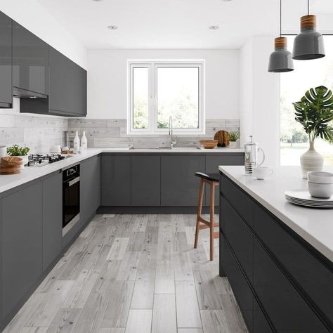 What Color Wood Floor With Dark Cabinets? (25 Ideas) - FarmFoodFamily Hiasan Dalaman Dapur, Dapur Moden, Modern Grey Kitchen, Grey Kitchen Floor, Open Plan Kitchen Dining Living, Grey Kitchen Designs, Open Plan Kitchen Dining, Open Plan Kitchen Living Room, Kabinet Dapur