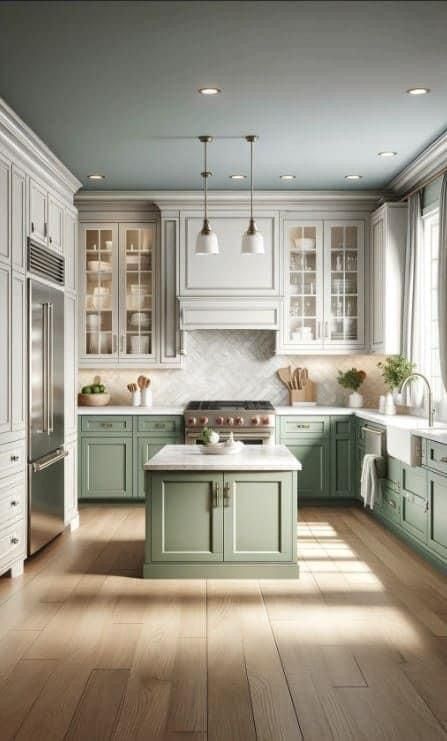 Sage Green Cabinets, Sage Green Kitchen, Kitchen Decor Inspiration, Kabinet Dapur, Green Kitchen Cabinets, تصميم للمنزل العصري, Green Cabinets, Kitchen Farmhouse, Kitchen Cabinet Colors