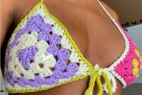 Easy Crochet Granny Square Triangle Bikini Top - for BEGINNERS Granny Triangle Top, Triangle Crochet Top For Beach, Spring Beach Crochet Triangle Top, Beach Crochet Triangle Top, Beachwear Crochet Triangle Halter Top, Crochet Bra, Crochet Bralette, Crochet Stitches For Beginners, Crochet Granny