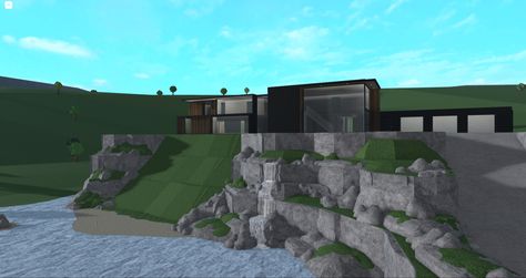 Bloxburg Ocean House, Hillside Mansion Bloxburg, Bloxburg Waterfall, Bloxburg Hillside House, Bloxburg Hillside Mansion, Bloxburg Modern Mansion, Bloxburg Farm, Unique Houses Exterior, Bloxburg Beach House