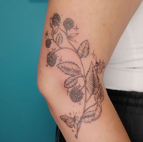 Outer Elbow Flower Tattoo, Floral Tattoo Elbow Crease, Elbow Placement Tattoo, Feet Tattoos For Women Minimalist, Raspberry Stamp Tattoo, Strawberry Elbow Tattoo, Mulberry Branch Tattoo, Non Basic Butterfly Tattoo, Outside Elbow Tattoo