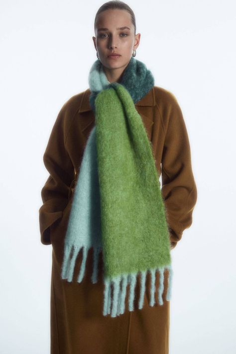 The 16 Best Scarves to Buy for Fall and Winter 2023 | Who What Wear Neutral Coat, Statement Scarf, Mohair Scarf, Cold Weather Outfit, Scarf Outfit, Cashmere Wrap, Dark Turquoise, Fall Winter Wardrobe, Colorful Scarf