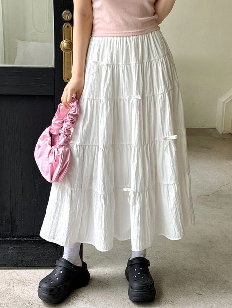 Women's Solid Color Bow Decorated Ruffle Hem Casual Skirt For Summer White Casual   Fabric Plain Layered/Tiered Slight Stretch  Women Clothing, size features are:Bust: ,Length: ,Sleeve Length: Ruffle White Skirt Outfit, Ruffle Skirt Outfit, White Skirt Summer, Fashion Skirts, Textured Skirt, Women Skirts, White Skirt, Summer Skirts, Cute Skirts