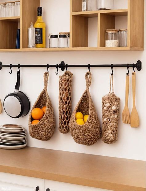 Knife Storage Ideas, Kitchen Vegetable Storage, Van Inspiration, Onion Storage, Hanging Fruit Baskets, Jute Hanging, Downtown Apartment, Fruit Baskets, Kitchen Baskets