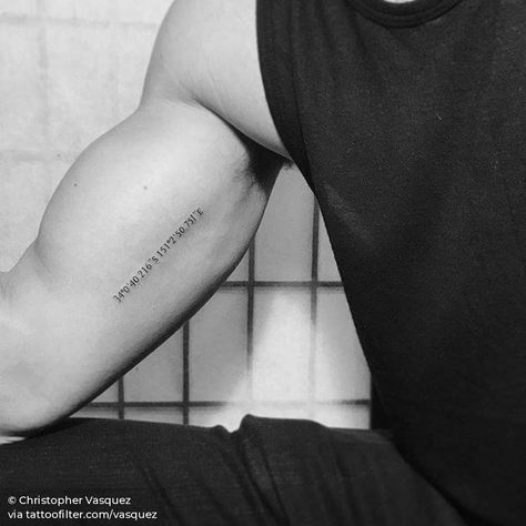 Coordinates Tattoo Inner Bicep, Men Coordinates Tattoo, Inner Bicep Number Tattoo, Minimalist Bicep Tattoo Men, Writing Bicep Tattoo, Men Inner Arm Tattoo Ideas, Tattoo Inner Bicep Men, Man Bicep Tattoo, Tattoo For Inner Bicep