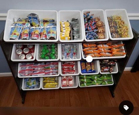 After School Snack Organization Ideas, Breakfast Bar Organization Ideas, Grab And Go Snack Station, Repurpose Toy Bin Organizer, Toy Organizer Repurpose, Daycare Kitchen Organization, Ramen Organization, Repurposed Toy Organizer, Snack Station In Bedroom