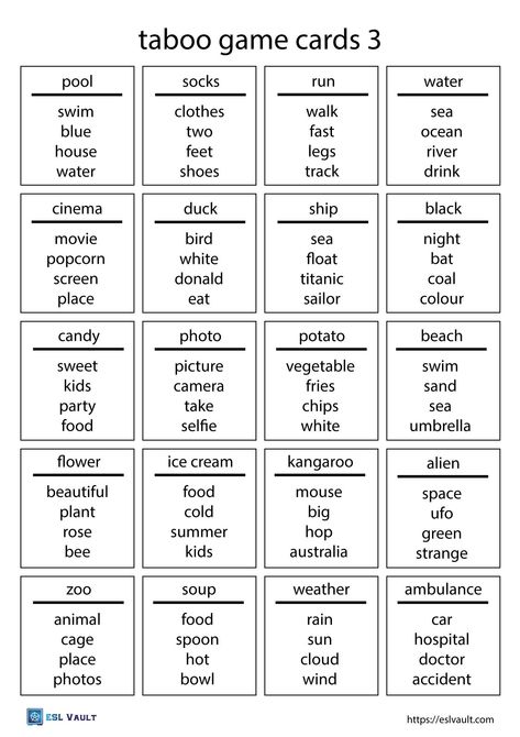 taboo game cards Upwords Board Game, Activities For Students Education, The 3 Words Game, Education Games For Kids Learning, Power Hour Ideas, Taboo Cards Printable, Fun Printable Activities For Kids, English Games For Kids Teaching, English Games Teaching