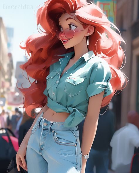 Ariel the little mermaid Ariel Fanart Modern, Disney Princess Modern Art, Ariel Modern Outfit, Modern Disney Characters Outfits, Modern Ariel Outfit, Modern Princess Aurora, Modern Day Disney Princesses, Modern Disney Princess Outfits, Disney Princess Fanart