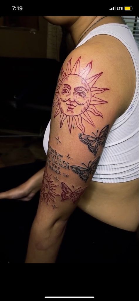 Pretty Tattoos For Women Leg, Red Sun Tattoo Black Women, Red Ink Sun Tattoo, Cute Thigh Tattoos, Sunshine Tattoo, Earthy Tattoos, Arm Sleeve Tattoos For Women, Cute Hand Tattoos, Neck Tattoos Women