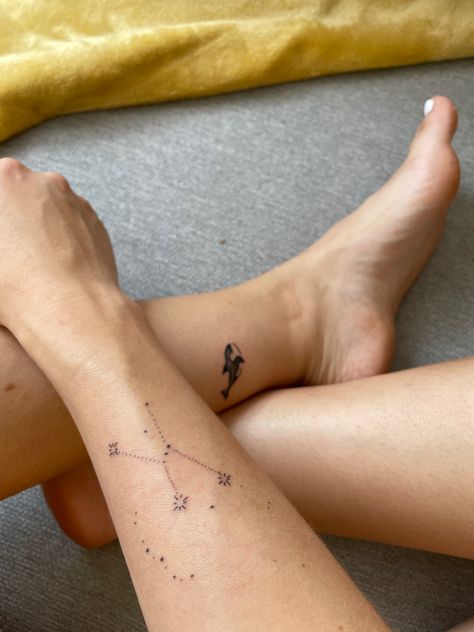 Whale Constellation Tattoo, Orion Constellation Tattoo, Orca Whale Tattoo, Orca Tattoo, Orion Constellation, Constellation Tattoo, Whale Tattoos, Handpoke Tattoo, Orca Whale