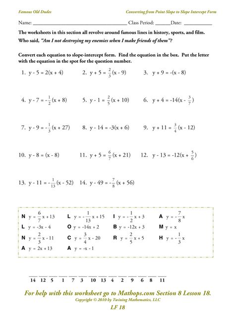 Slope Math, Form Practice, Third Grade Math Worksheets, Point Slope Form, Writing Linear Equations, Writing Equations, Slope Intercept Form, Algebra Worksheets, Primary Lessons