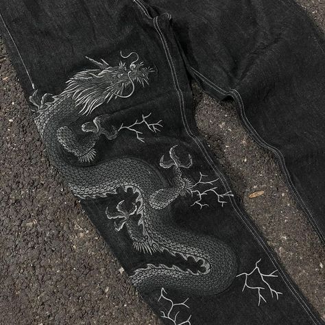 ✦ Dragon Jeans - Bounty by @bybountyy Gothic Fashion Women, New Y2k, Street Jeans, Crocodile Print, Letter Design, Dragon Pattern, Athleisure Fashion, Dragon Design, Body Chain Jewelry