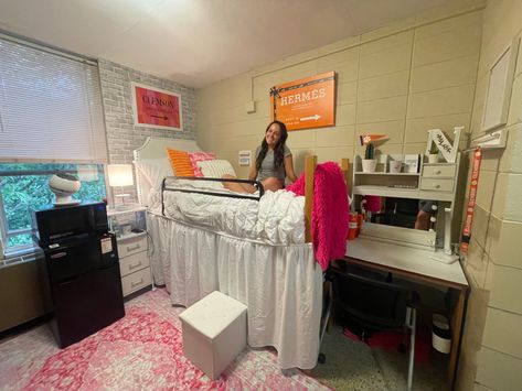 clemson dorm, southern dorm, pink and orange Clemson University Dorm, Clemson Dorm, Dorm Pink, College Dorm Room Ideas, University Dorm, Dorm Inspo, Dorm Room Ideas, College Dorm Room, Clemson University