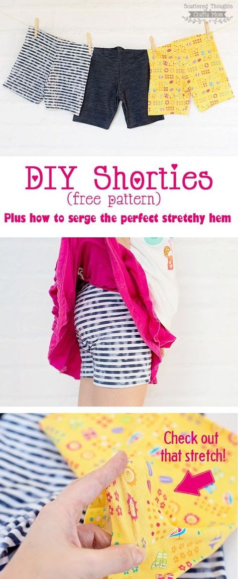 Free Shortie Pattern || Scattered Thoughts of A Crafty Mom Sew Shorts, Couture Bb, Diy Sy, Serger Sewing, Blind Hem, Sewing Kids Clothes, Sew Ins, Costura Diy, Beginner Sewing Projects Easy