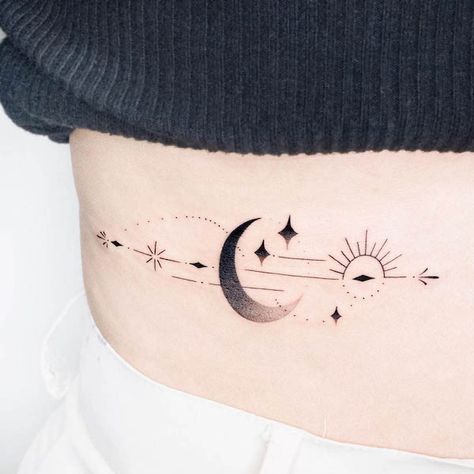 56 Gorgeous Sun Tattoos With Meaning - Our Mindful Life Stars Rib Tattoo, Moon Rib Tattoo, Tattoo Collarbone, Simple Sun Tattoo, Sunrise Tattoo, Moon Sun Tattoo, Collarbone Tattoo, Geometric Sun, Our Mindful Life