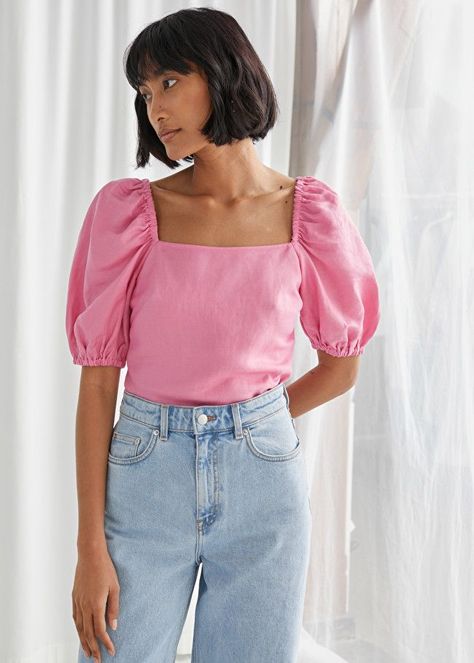 & Other Stories Linen Blend Puff Sleeve Top Plain White T Shirt, Top Outfit, Pink Linen, Fashion Story, Puff Sleeve Top, Linen Top, Pink Tops, Short Tops, Linen Blend