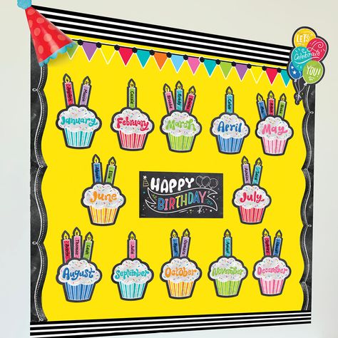 Cupcakes are a popular way to celebrate student birthdays, but oh, the sugar! Fortunately, on #NationalGiveSomeoneACupcakeDay, CTP has the solution! Our colorful cupcake cut-outs and mini bulletin board sets may taste like cardboard, but they look fabulous and are perfect for a wide variety of fun, creative uses. Happy Birthday Bulletin Boards Classroom, Cupcake Bulletin Boards, Birthday Chart Classroom, 2024 Classroom, Class Board, Cupcake Day, Class Birthdays, Birthday Bulletin Boards, Birthday Bulletin