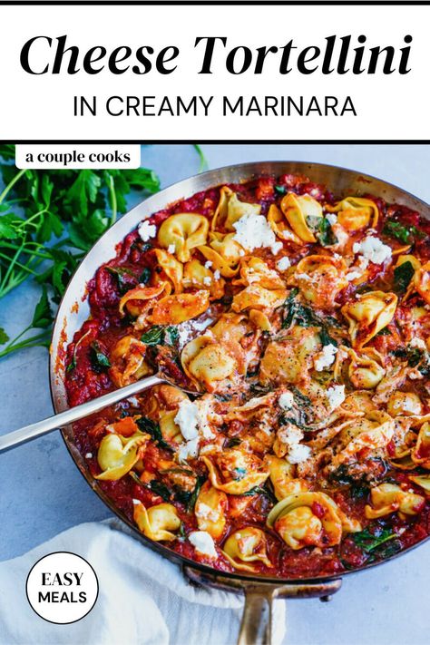 Cheese tortellini makes the best quick dinner! Serve it up in a creamy marinara sauce flavored with goat cheese and basil. #cheese #tortellini #cheesetortellini #tortellinirecipe #easytortellinirecipe Creamy Marinara Sauce, Easy Tortellini Recipes, Pasta Recipes Vegetarian, Cheese Tortellini Recipes, Pasta Bakes, Meatless Mains, Recipes Cheese, Goat Cheese Pasta, Salad Dressing Recipes Healthy