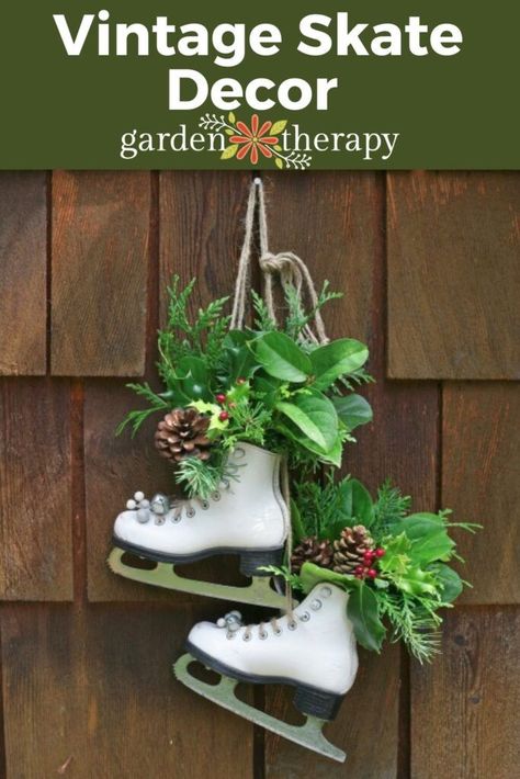 Turn old, vintage figure skates into some festive holiday décor! This design is totally nostalgic with a vintage flair. #figureskates #Christmasdecor #ChristmasDIY #holidayDIY #Christmascraft #upcycle #sustainablecrafts #gardentherapy Vintage Skate, Festive Holiday Decor, Ice Skates, Noel Christmas, Christmas Inspiration, Holiday Decorations, Outdoor Christmas, Festival Decorations, Winter Holidays