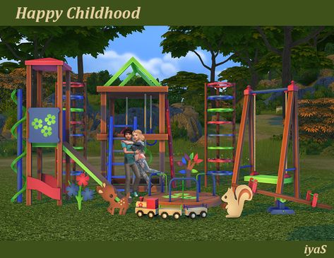 ***Happy Childhood*** TS4 Includes 11 objects: seesaw swing, swing, 2 kids houses, carousel, jungle gym, train and 4 decorative toys. Download set Donate || Patreon Sims Backyard Cc, Sims 4 Cc Backyard Furniture, Sims 4 Kids Toys Cc, Sims 4 Cc Backyard, Sims 4 Backyard Cc, S4cc Furniture, Sims4 Furniture, Toddler Playground, Lotes The Sims 4