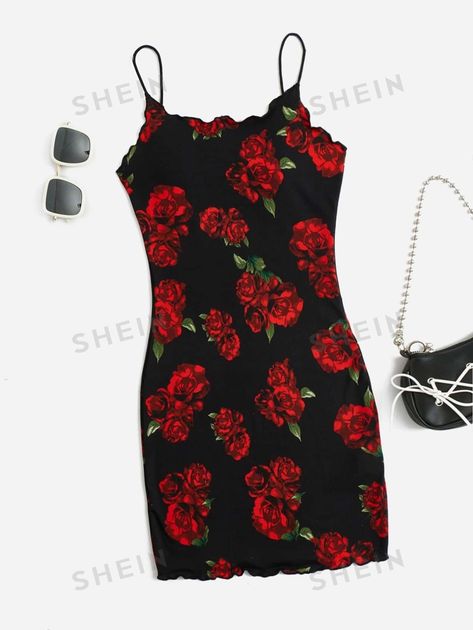 SHEIN USA Black Floral Sundress, Red And Black Dress, Dream Items, Chic Winter Style, Dance Stuff, Bodycon Dress Online, Short Bodycon Dress, Casual Preppy Outfits, Floral Cami