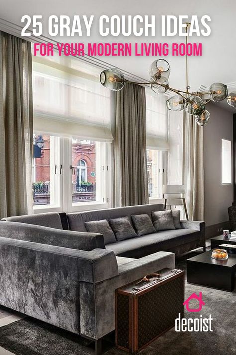 Modern Velvet Couch, Grey Velvet Couch Living Room Ideas, Charcoal Gray Sofa Living Room, Grey Velvet Couch Living Room, Grey Velvet Sofa Living Room Ideas, Gray Velvet Sofa Living Room, Gray Couch Ideas, Velvet Grey Sofa, Grey Sofa Decor