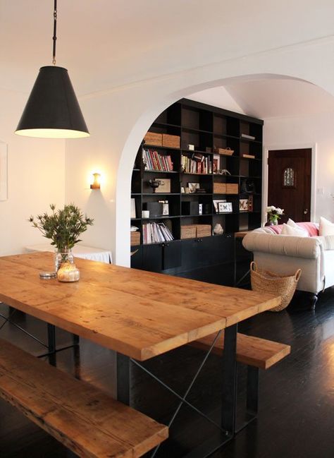 Dramatic Dark Wood Floors, Cool Ideas, Book Shelf, Wooden Table, Urban Design, Home Fashion, Room Table, 인테리어 디자인, First Home