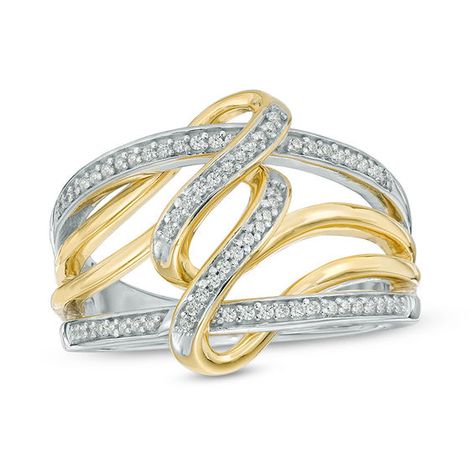 Shimmering and lovely, this two-toned loop-design diamond ring makes a majestic statement. Crafted in sterling silver and warm 10K gold, this wide open style features diamond-lined silver borders and polished and diamond-lined gold swirls. Captivating with 0.18 ct. t.w. of diamonds and a brilliant buffed lustre, this ring is a graceful choice for day or evening wear. Custom-made to fit her ring size. Sterling silver rings cannot be resized after purchase. Hand Jewelry Rings, Stunning Diamond Rings, Hand Rings, Art Jewelry Design, Her Ring, Peoples Jewellers, Silver Jewelry Fashion, Engraved Necklace, 10k Gold