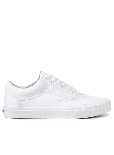 Vans - White Old Skool sneakers Men Vans Vans at Simons. A minimalist, all-white version of the iconic skate shoe. Durable canvas upper with genuine le ather signature stripes on the sides. Padded inner sole Signature rubber waffle outsole. Model number: VN00D3H W00 | Men's White Old Skool Sneakers Men, Size 12 Vans Sneakers (men), White Sneakers Men, Vans White, Sneakers Running, Skate Shoe, Trendy Sneakers, Vans Sneakers, Mens Vans, Old Skool